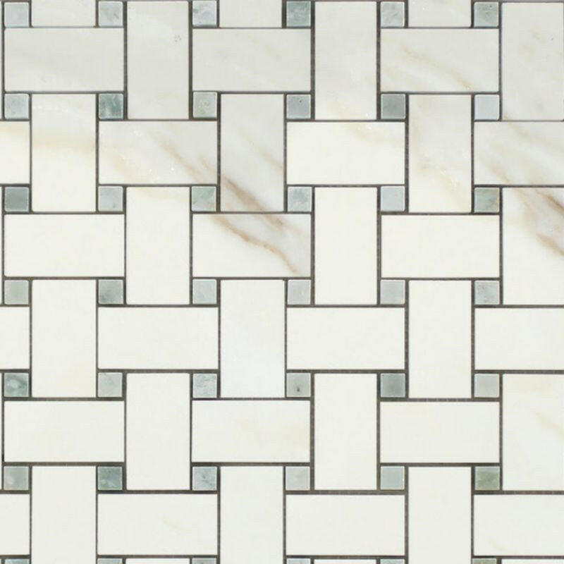Calacatta Gold Marble Polished Basketweave Mosaic Tile w/ Ming-Green Dots-American Tile Depot