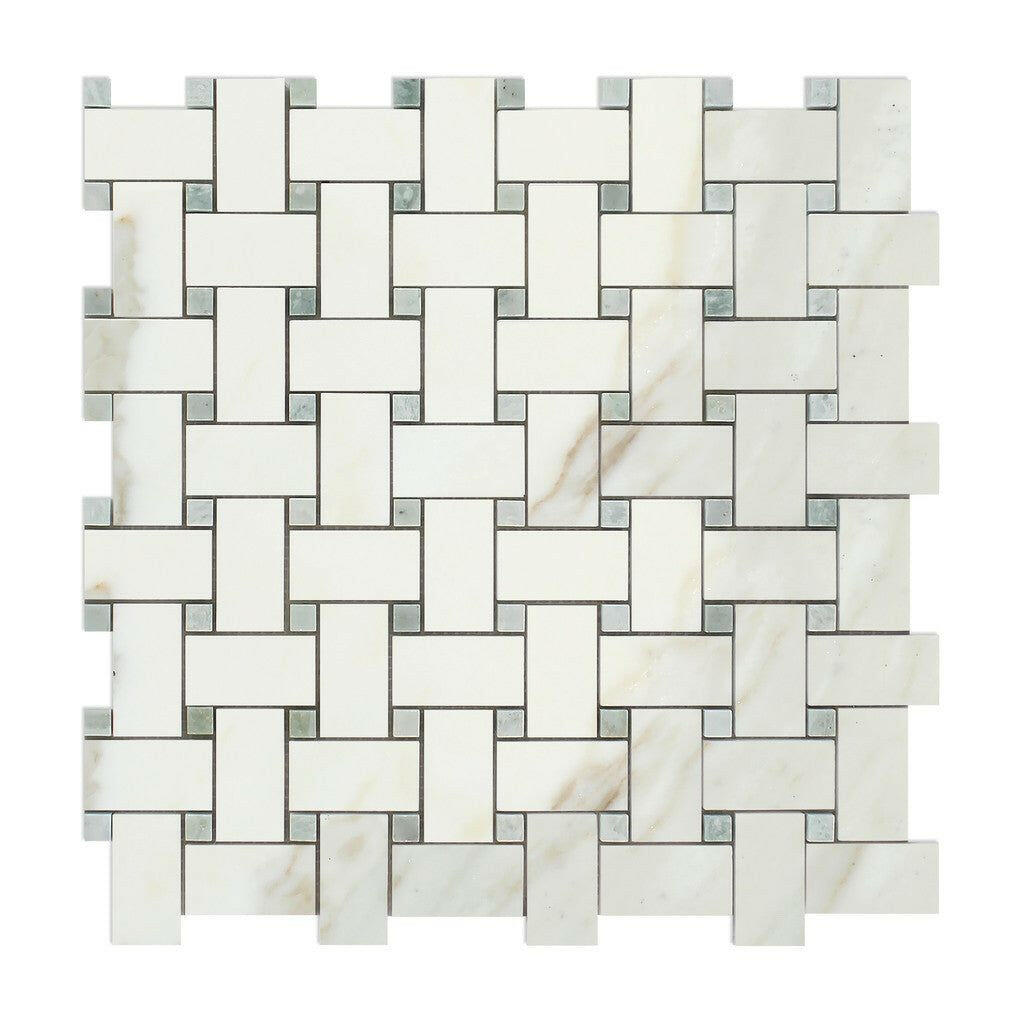 Calacatta Gold Marble Polished Basketweave Mosaic Tile w/ Ming-Green Dots-American Tile Depot