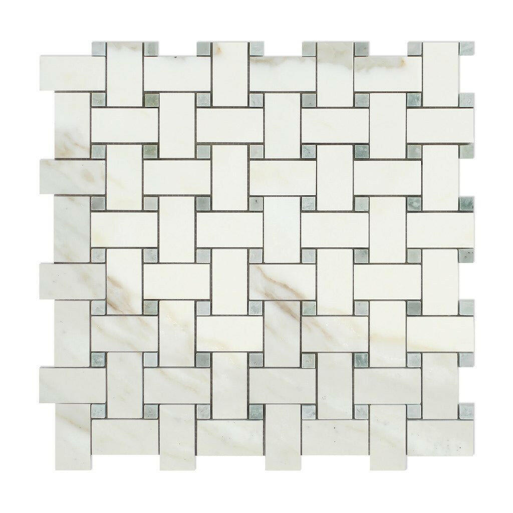 Calacatta Gold Marble Polished Basketweave Mosaic Tile w/ Ming-Green Dots-American Tile Depot