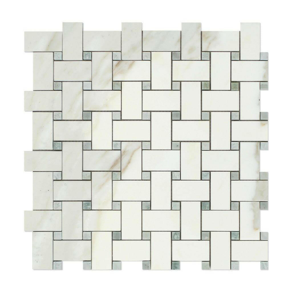 Calacatta Gold Marble Polished Basketweave Mosaic Tile w/ Ming-Green Dots-American Tile Depot