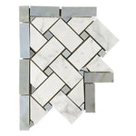 Carrara White Marble Honed Basketweave Border Corner w / Blue-Gray Dots-American Tile Depot