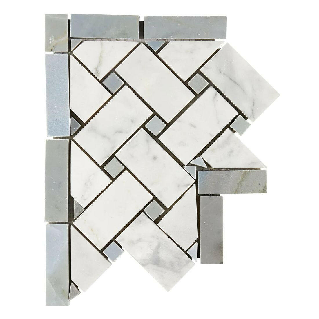 Carrara White Marble Honed Basketweave Border Corner w / Blue-Gray Dots-American Tile Depot