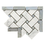 Carrara White Marble Honed Basketweave Border Corner w / Blue-Gray Dots-American Tile Depot