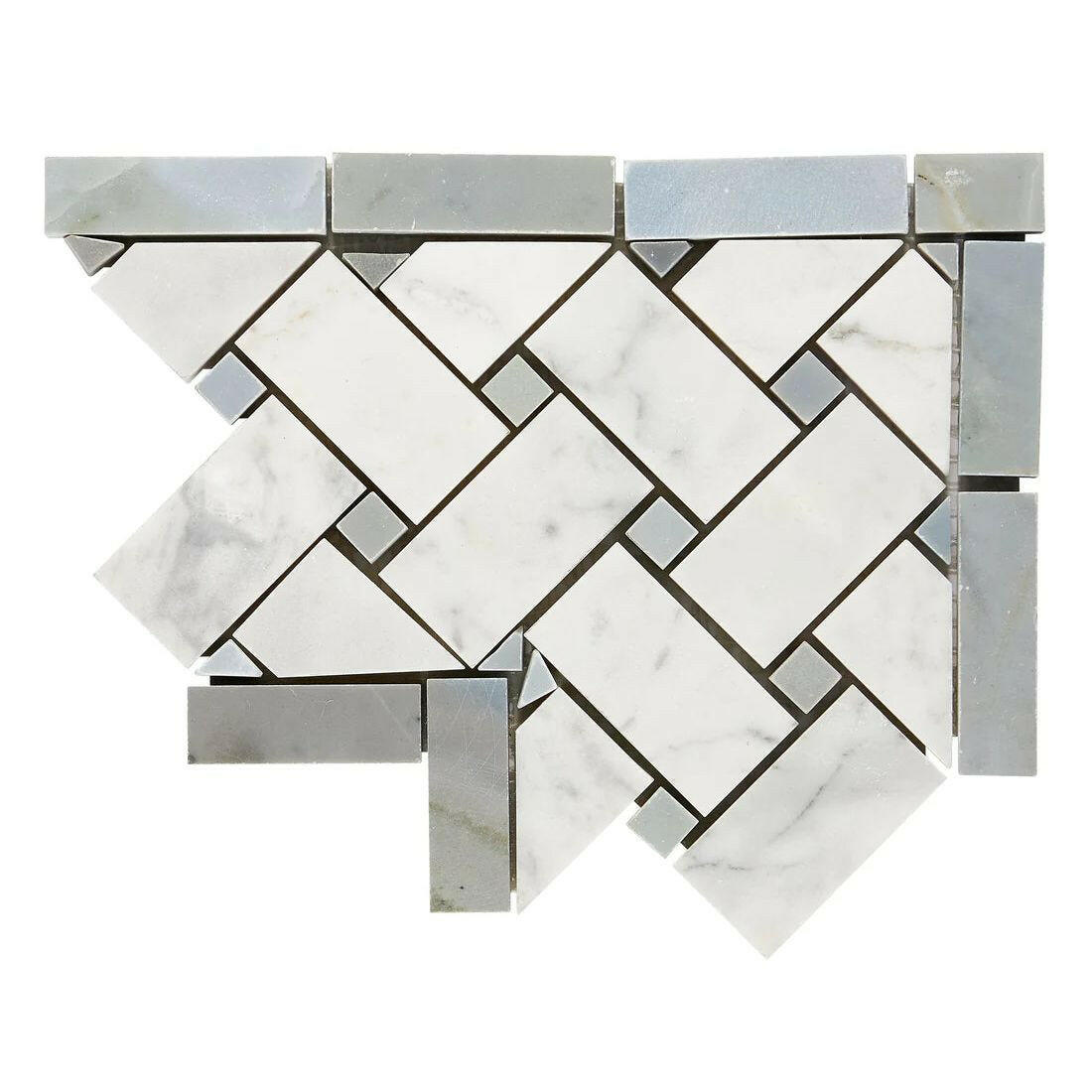 Carrara White Marble Honed Basketweave Border Corner w / Blue-Gray Dots-American Tile Depot