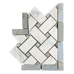 Carrara White Marble Honed Basketweave Border Corner w / Blue-Gray Dots-American Tile Depot