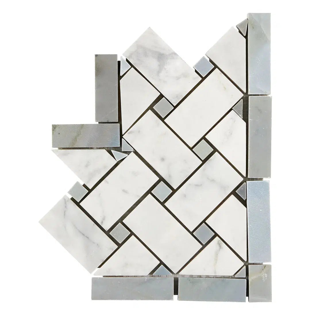 Carrara White Marble Honed Basketweave Border Corner w / Blue-Gray Dots-American Tile Depot
