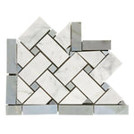 Carrara White Marble Honed Basketweave Border Corner w / Blue-Gray Dots-American Tile Depot