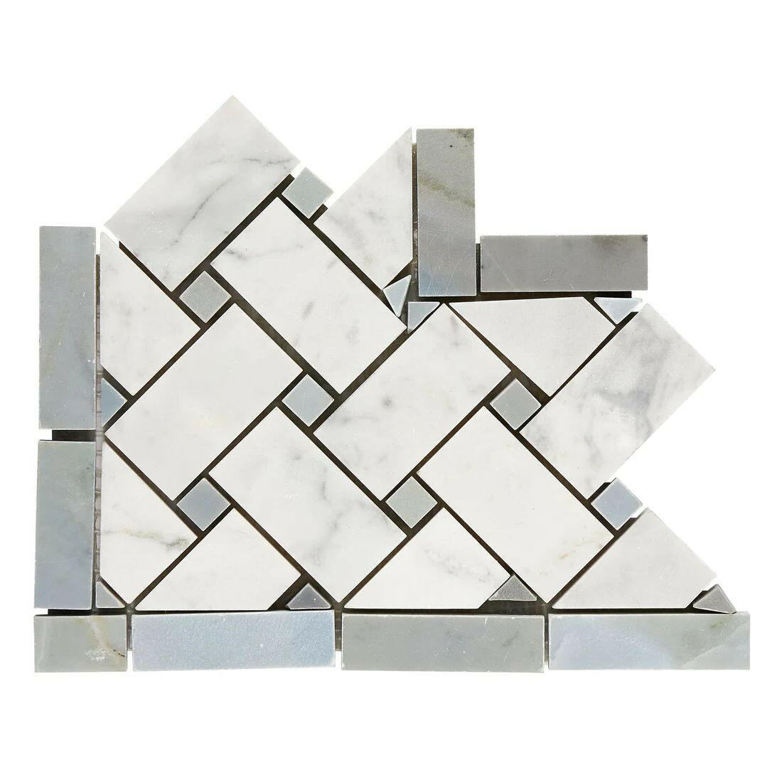 Carrara White Marble Honed Basketweave Border Corner w / Blue-Gray Dots-American Tile Depot