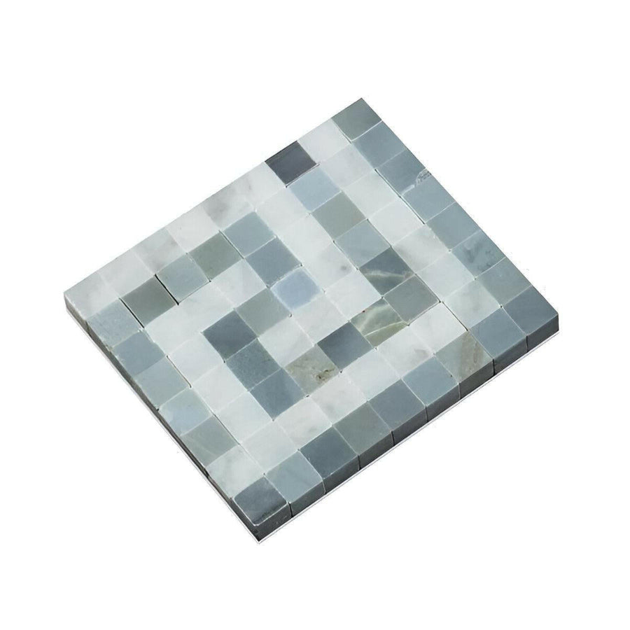 Carrara White Marble Honed Greek Key Border Corner w/ Blue-Gray Dots - American Tile Depot