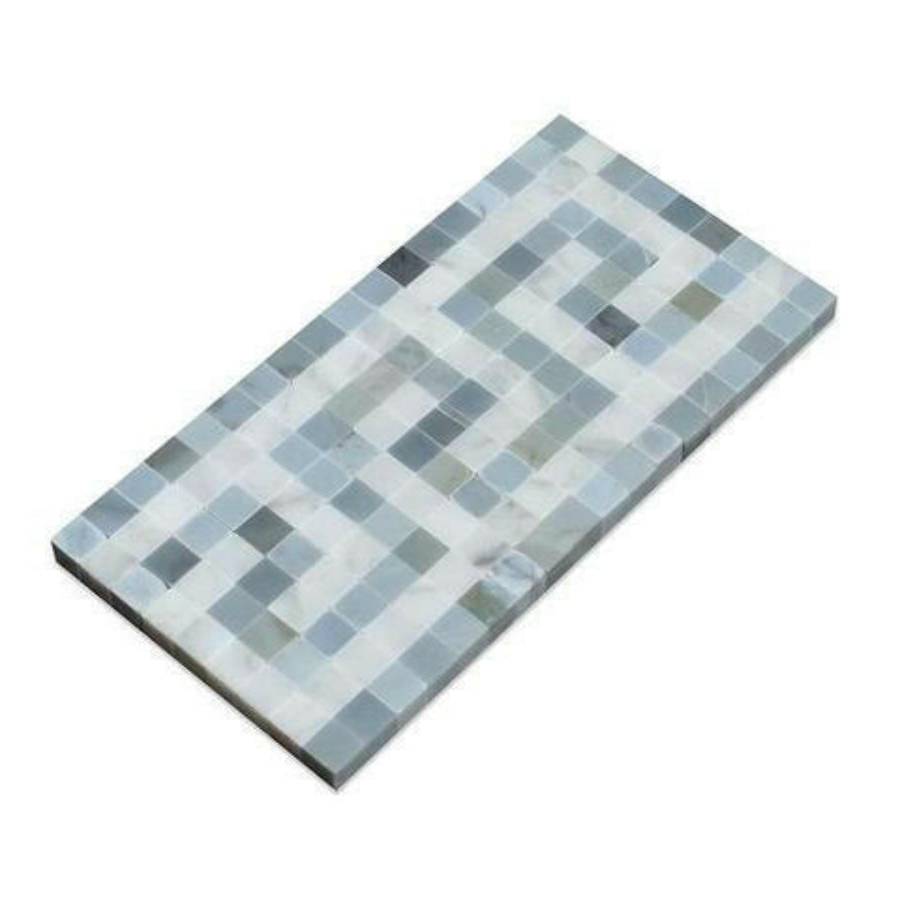 Carrara White Marble Polished Greek Key Border w/ Blue-Gray Dots - American Tile Depot