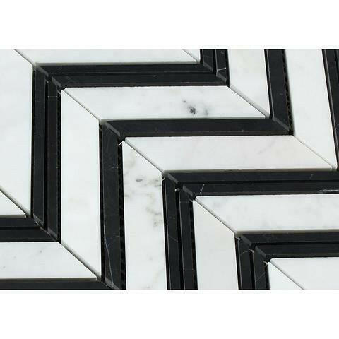 Carrara White Marble Honed Large Chevron Mosaic Tile w / Black Strips-American Tile Depot