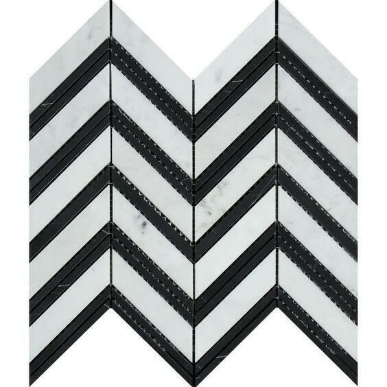 Carrara White Marble Honed Large Chevron Mosaic Tile w / Black Strips-American Tile Depot