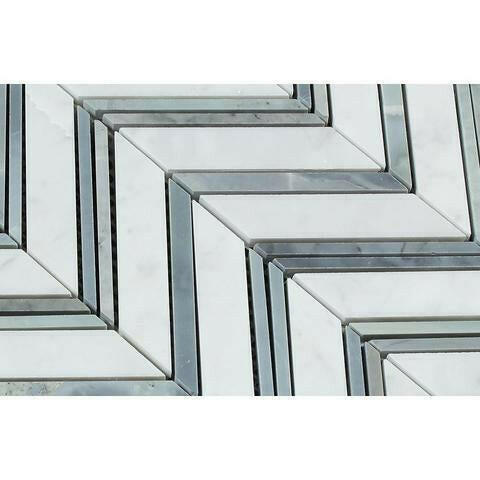 Carrara White Marble Honed Large Chevron Mosaic Tile w / Blue-Gray Strips-American Tile Depot
