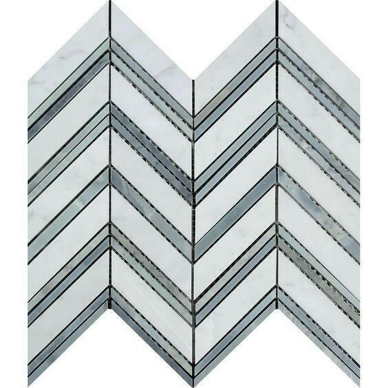 Carrara White Marble Honed Large Chevron Mosaic Tile w / Blue-Gray Strips-American Tile Depot