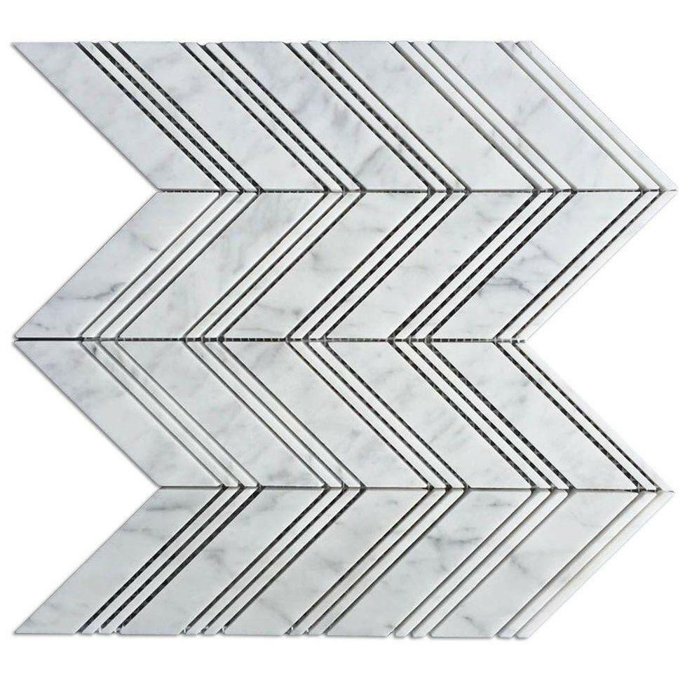Carrara White Marble Honed Large Chevron Mosaic Tile w / Carrara Strips-American Tile Depot
