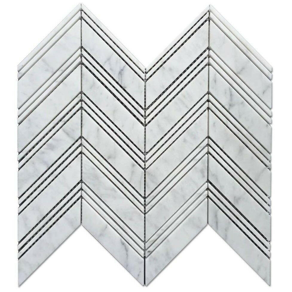 Carrara White Marble Honed Large Chevron Mosaic Tile w / Carrara Strips-American Tile Depot