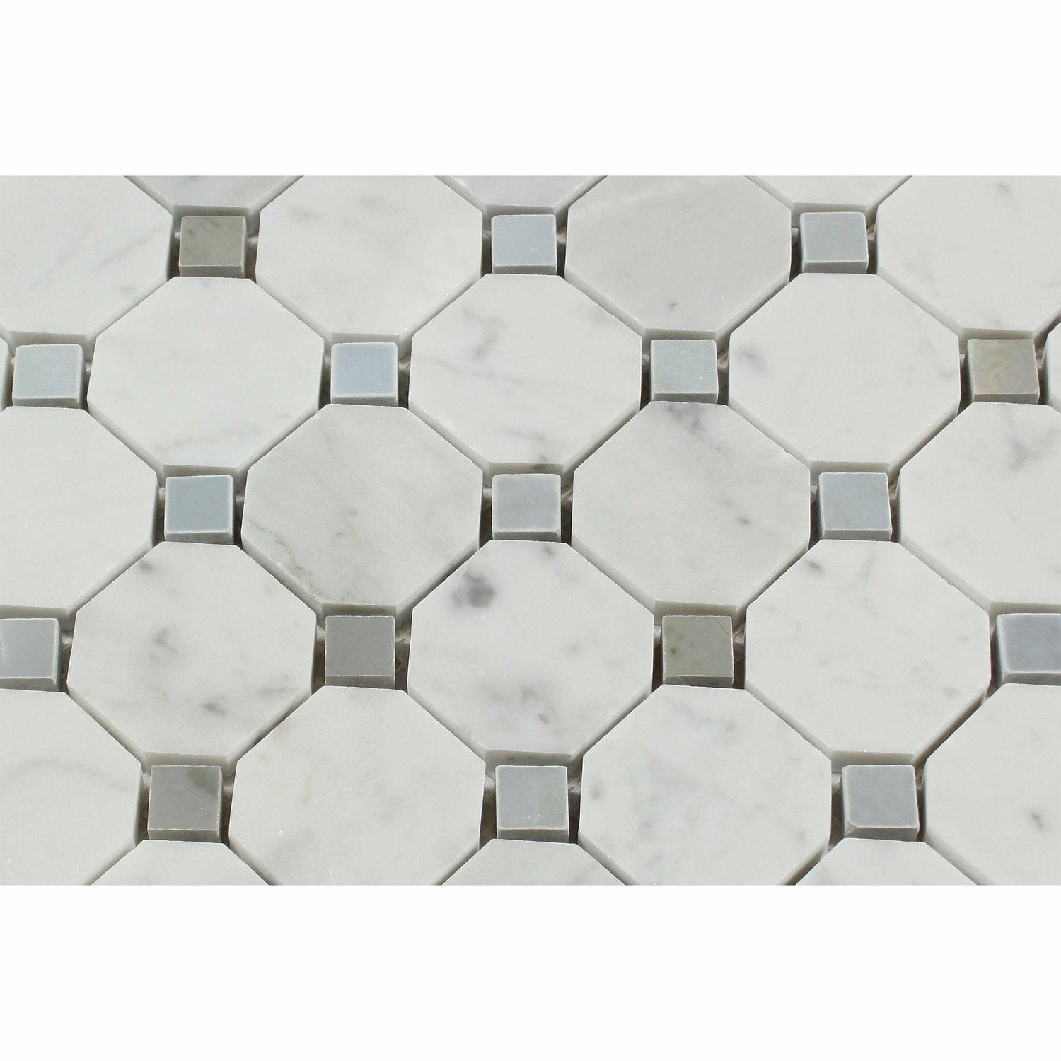 Carrara White Marble Honed Octagon Mosaic Tile w/ Blue-Gray Dots-American Tile Depot
