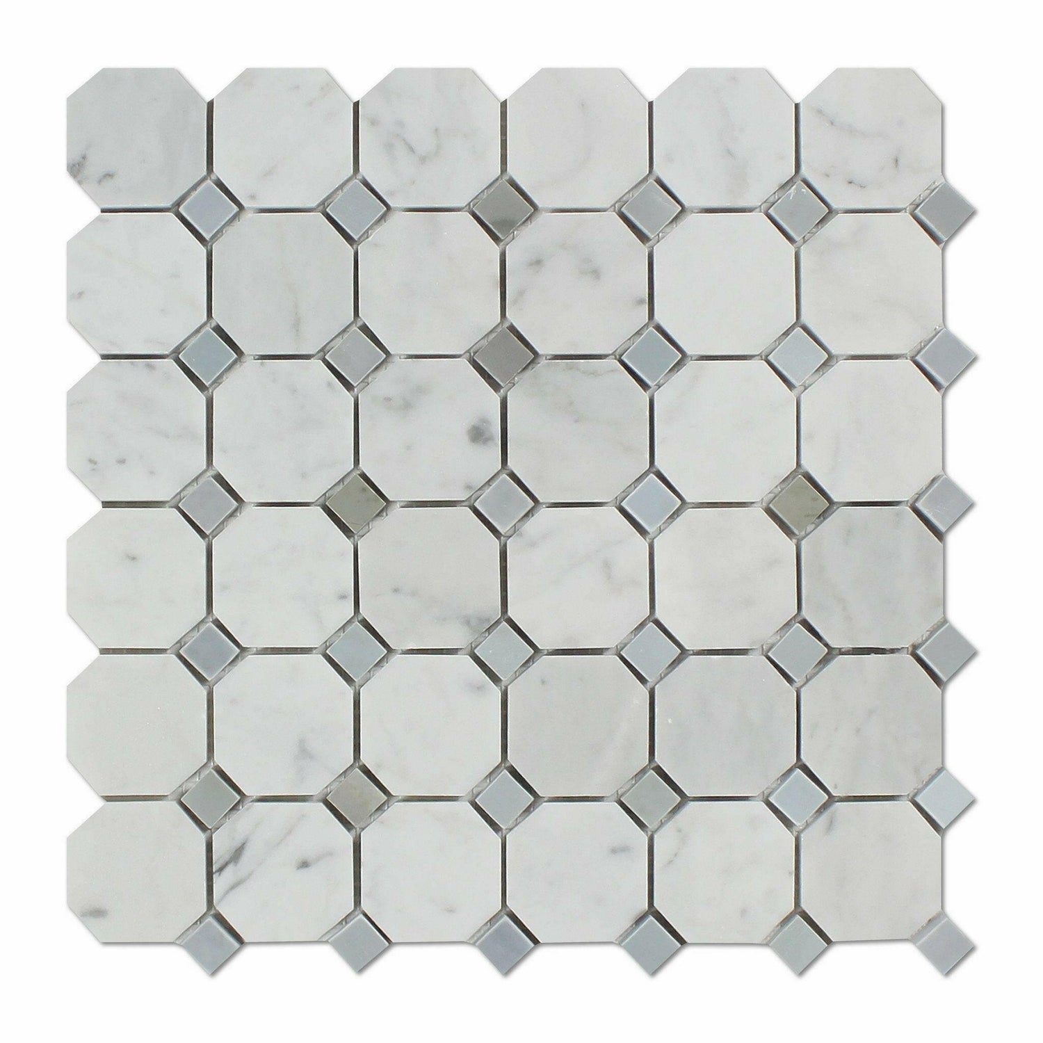 Carrara White Marble Honed Octagon Mosaic Tile w/ Blue-Gray Dots-American Tile Depot