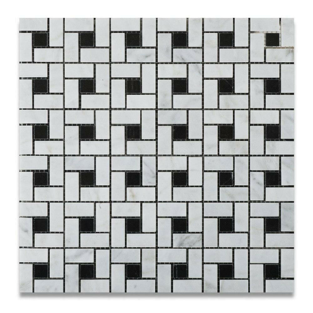 Carrara White Marble Honed Pinwheel Mosaic Tile w/ Black Dots-American Tile Depot