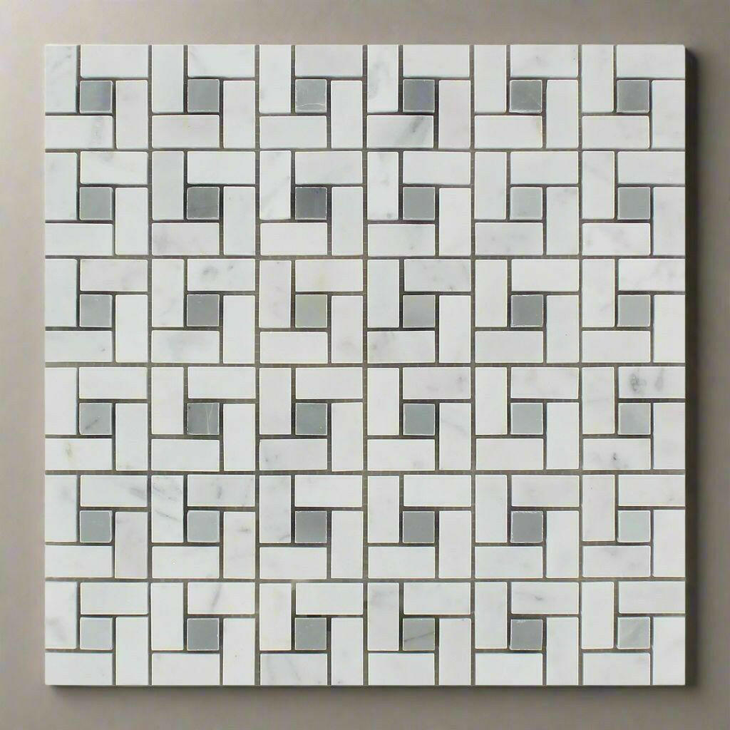 Carrara White Marble Honed Pinwheel Mosaic Tile w/ Blue-Gray Dots-American Tile Depot