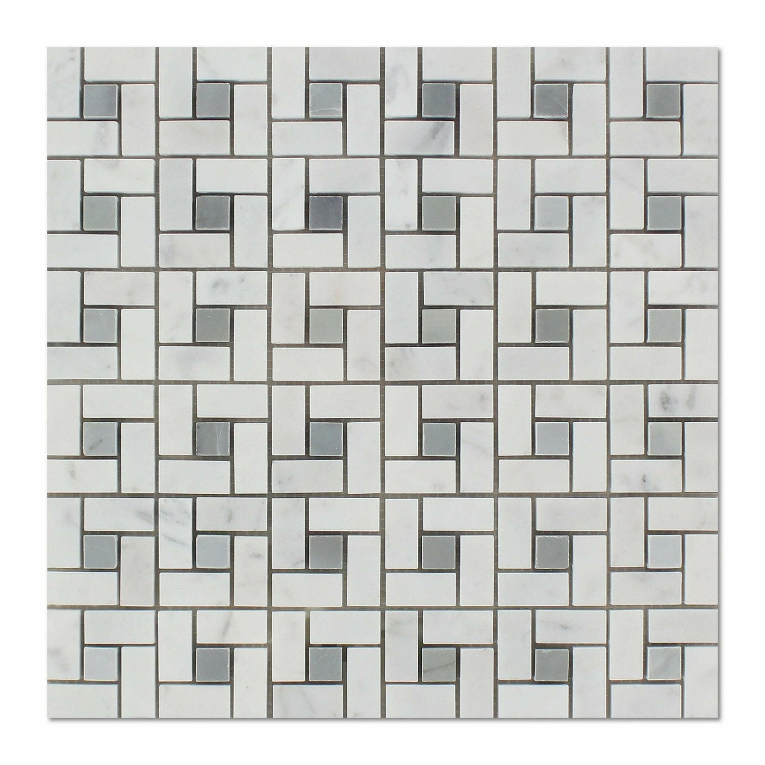 Carrara White Marble Honed Pinwheel Mosaic Tile w/ Blue-Gray Dots-American Tile Depot
