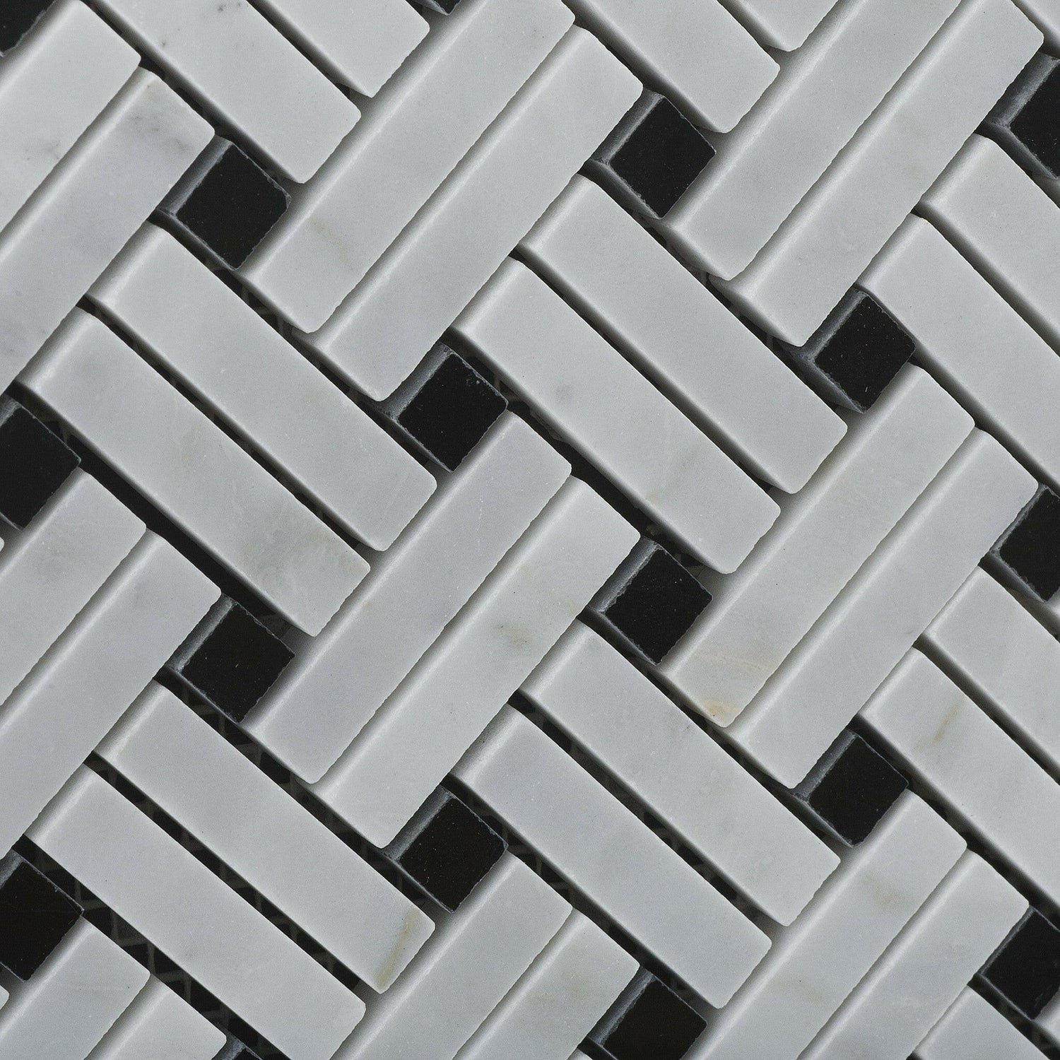 Carrara White Marble Honed Stanza Basketweave Mosaic Tile w/ Black Dots-American Tile Depot