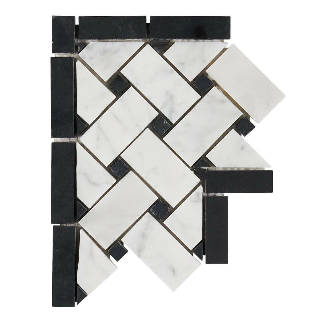 Carrara White Marble Polished Basketweave Border Corner w / Black Dots-American Tile Depot