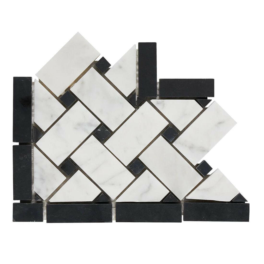 Carrara White Marble Polished Basketweave Border Corner w / Black Dots-American Tile Depot