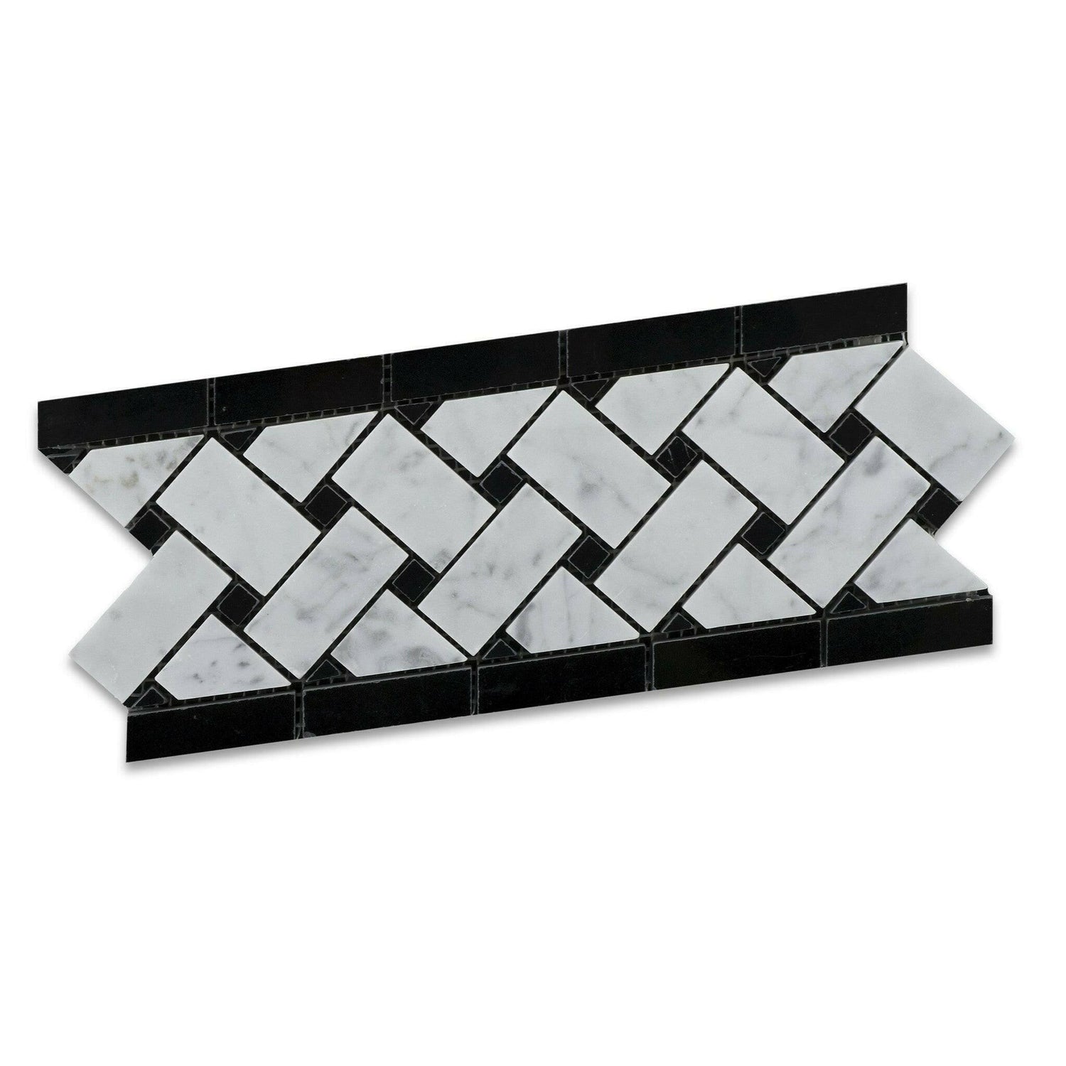 Carrara White Marble Polished Basketweave Border Listello w/ Black Dots-American Tile Depot