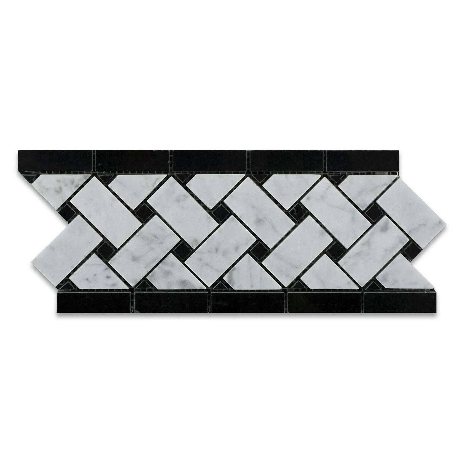 Carrara White Marble Polished Basketweave Border Listello w/ Black Dots-American Tile Depot