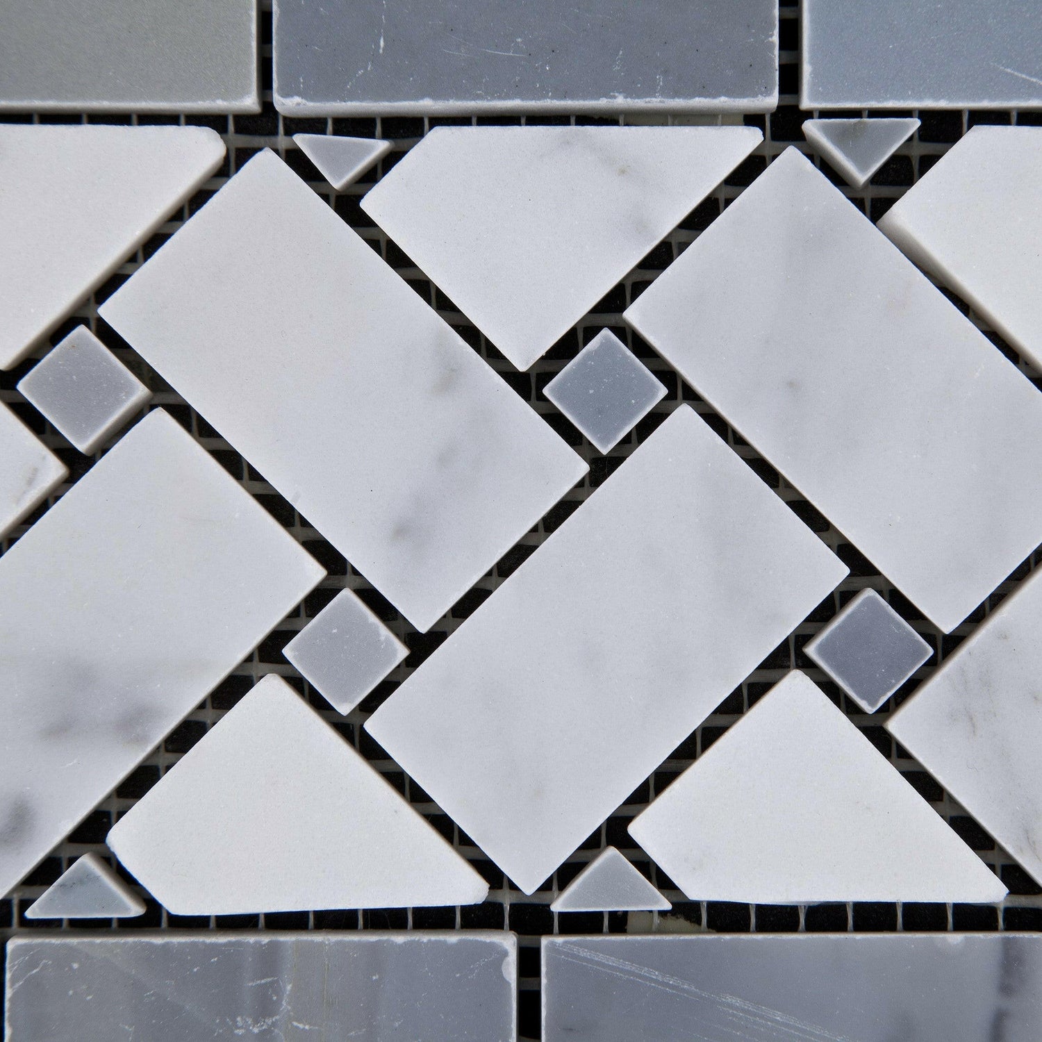 Carrara White Marble Polished Basketweave Border Listello w/ Blue-Gray Dots-American Tile Depot
