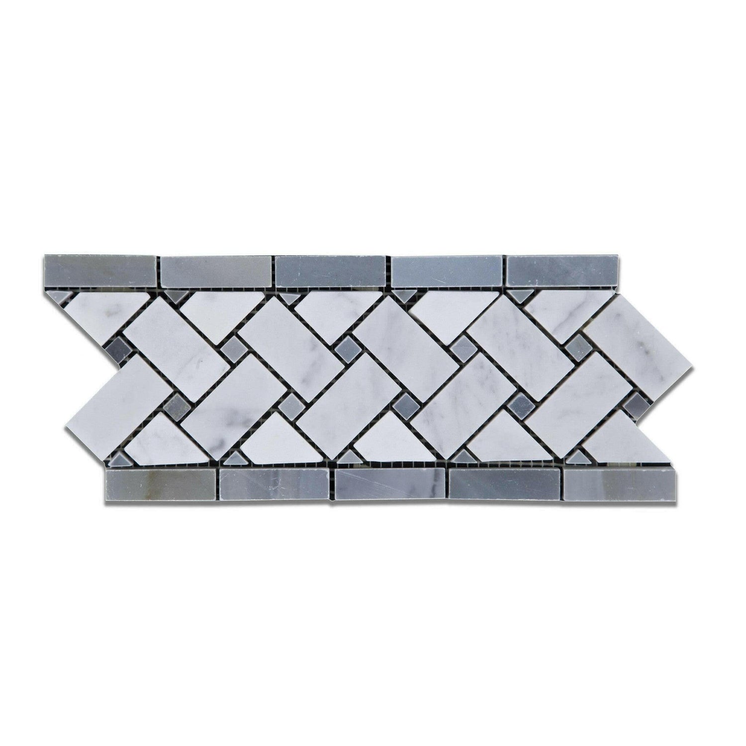 Carrara White Marble Polished Basketweave Border Listello w/ Blue-Gray Dots-American Tile Depot