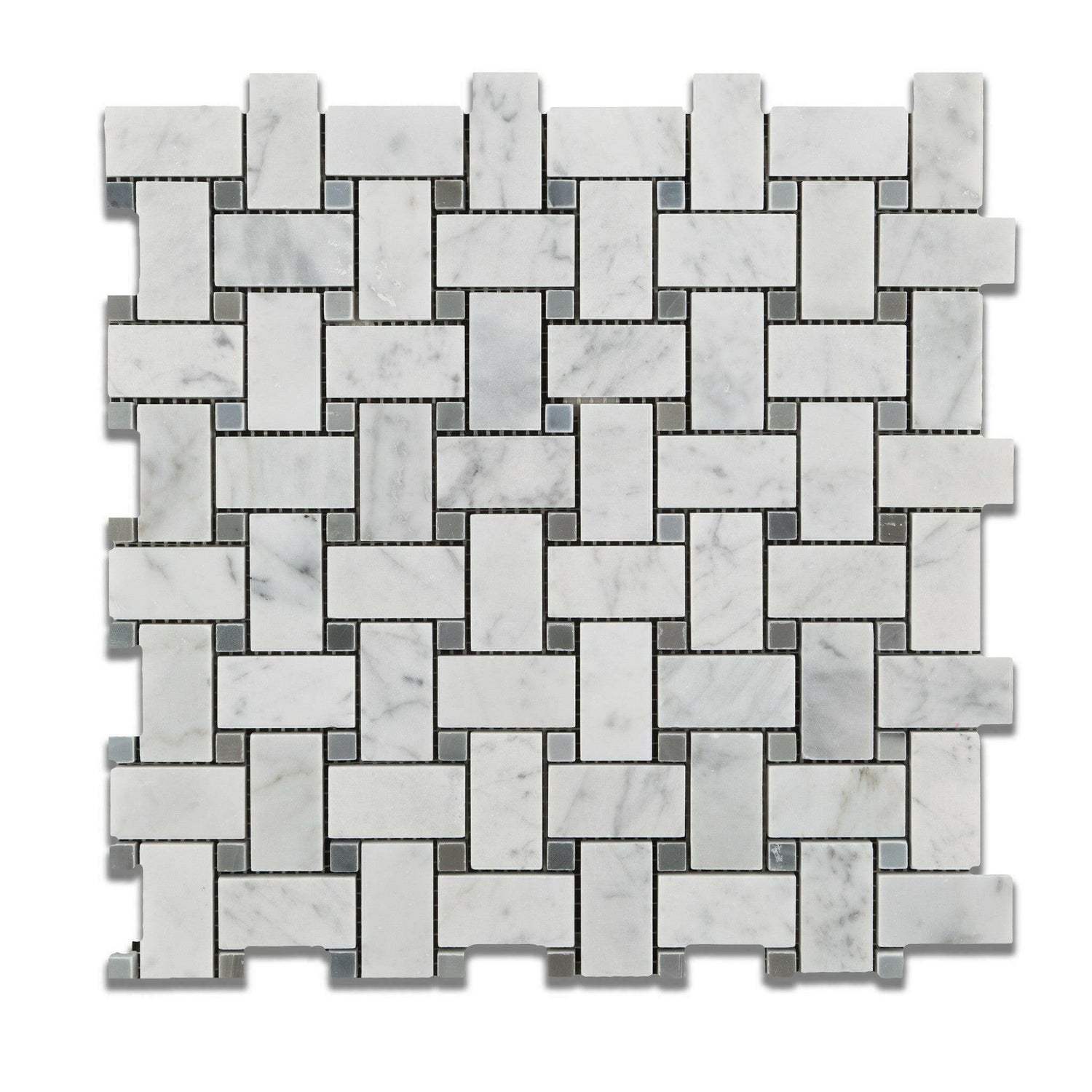 Carrara White Marble Polished Basketweave Mosaic Tile w/ Blue-Gray Dots-American Tile Depot