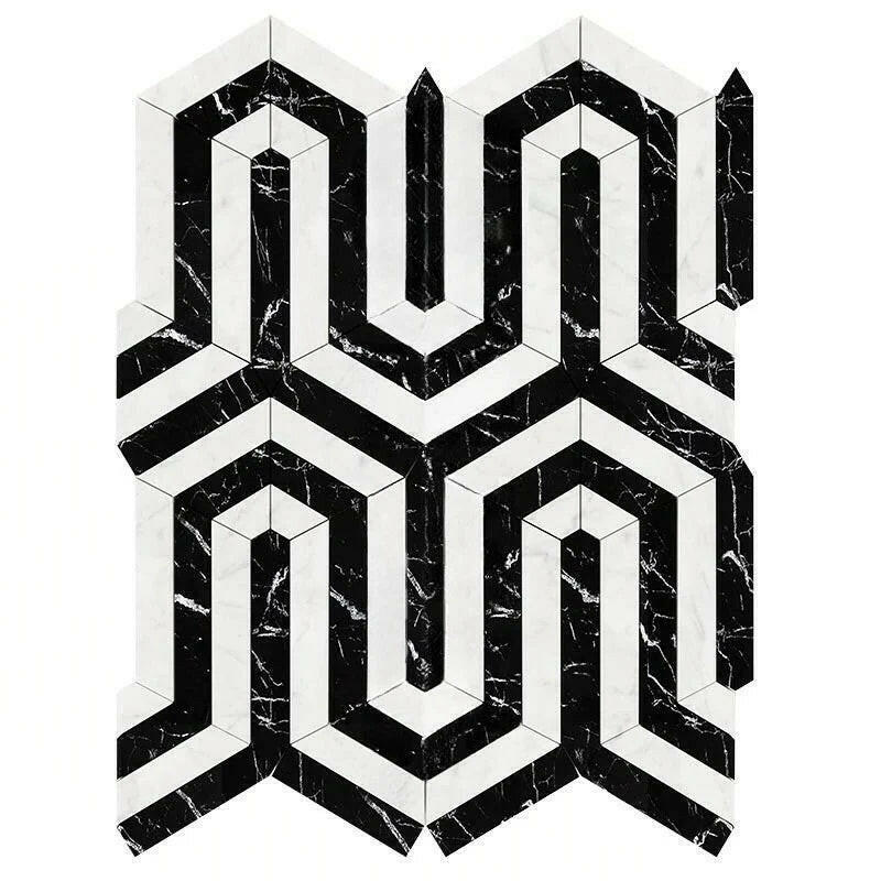Carrara White Marble Polished Berlinetta Mosaic Tile w / Black-American Tile Depot