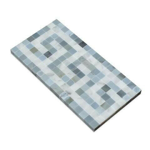 Carrara White Marble Polished Greek Key Border w / Blue Gray Dots-American Tile Depot