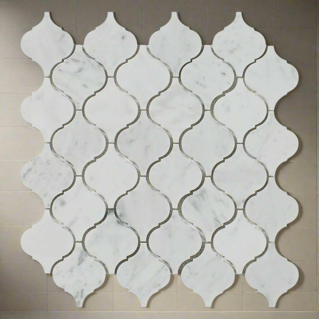 Carrara White Marble Polished Lantern Arabesque Mosaic Tile-American Tile Depot