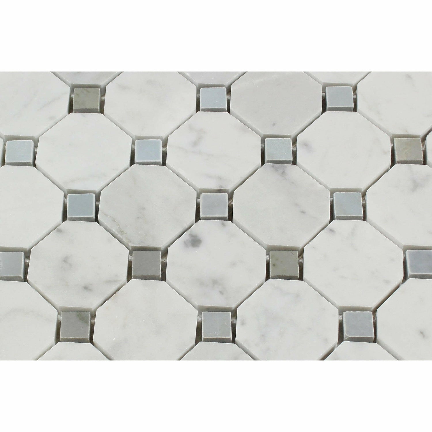 Carrara White Marble Polished Octagon Mosaic Tile w/ Blue-Gray Dots-American Tile Depot