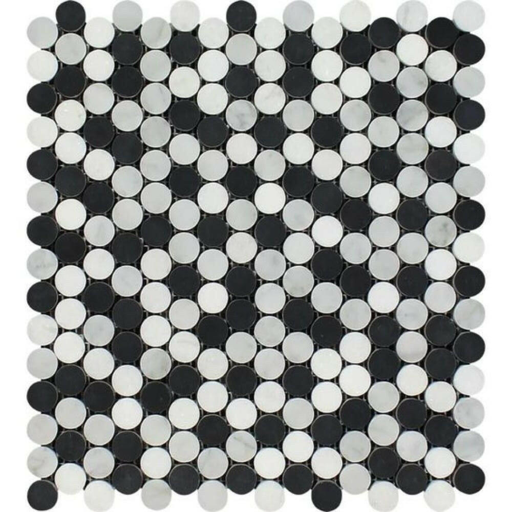 Carrara White Marble Polished Penny Round Mosaic Tile w / Black Dots-American Tile Depot