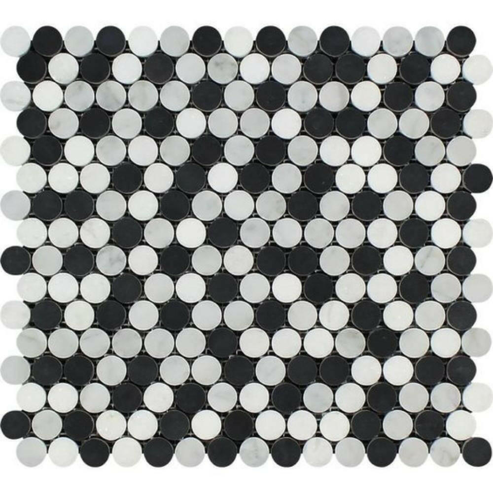 Carrara White Marble Polished Penny Round Mosaic Tile w / Black Dots-American Tile Depot