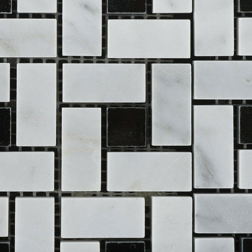 Carrara White Marble Polished Pinwheel Mosaic Tile w/ Black Dots-American Tile Depot