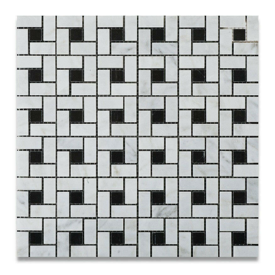 Carrara White Marble Polished Pinwheel Mosaic Tile w/ Black Dots-American Tile Depot