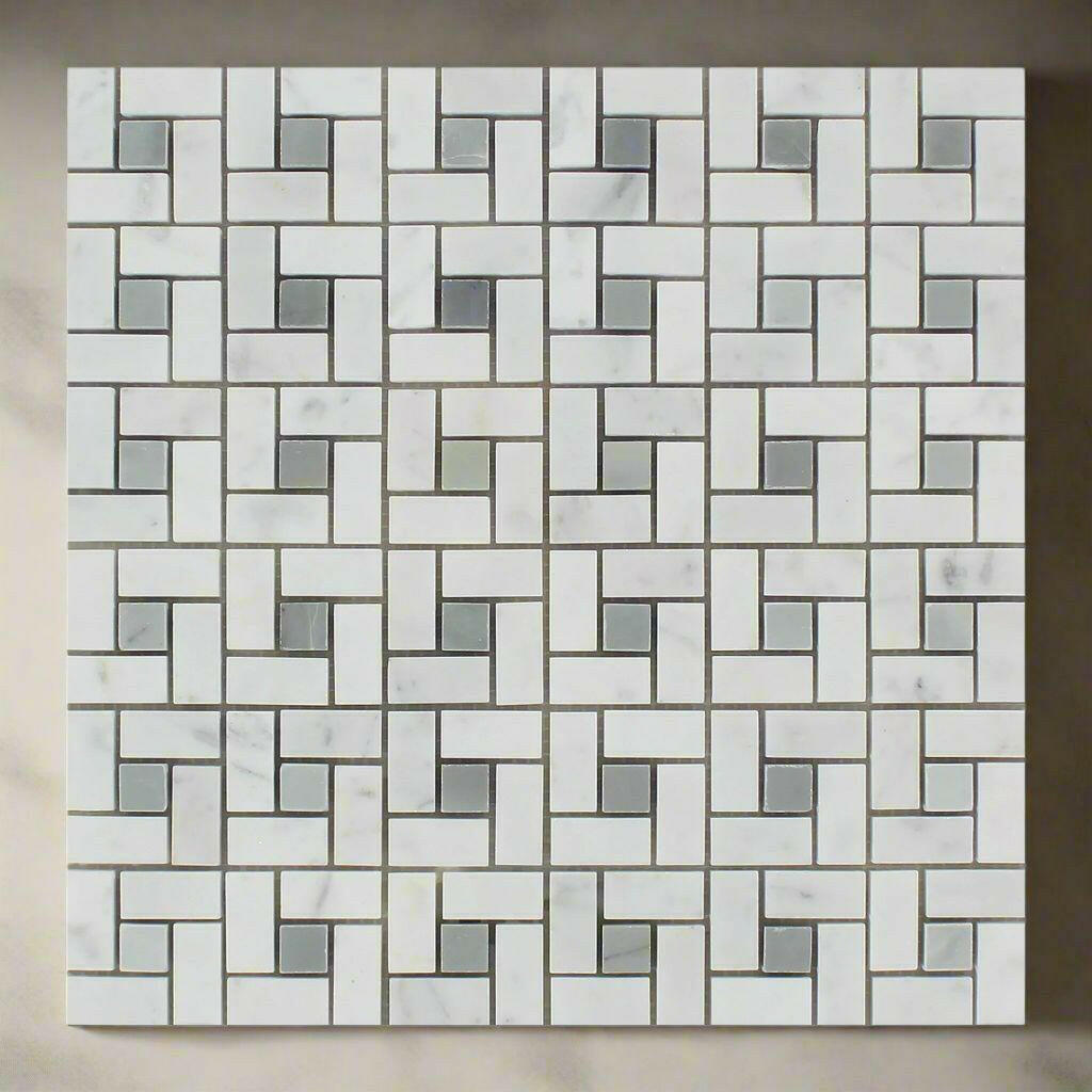 Carrara White Marble Polished Pinwheel Mosaic Tile w/ Blue-Gray Dots-American Tile Depot