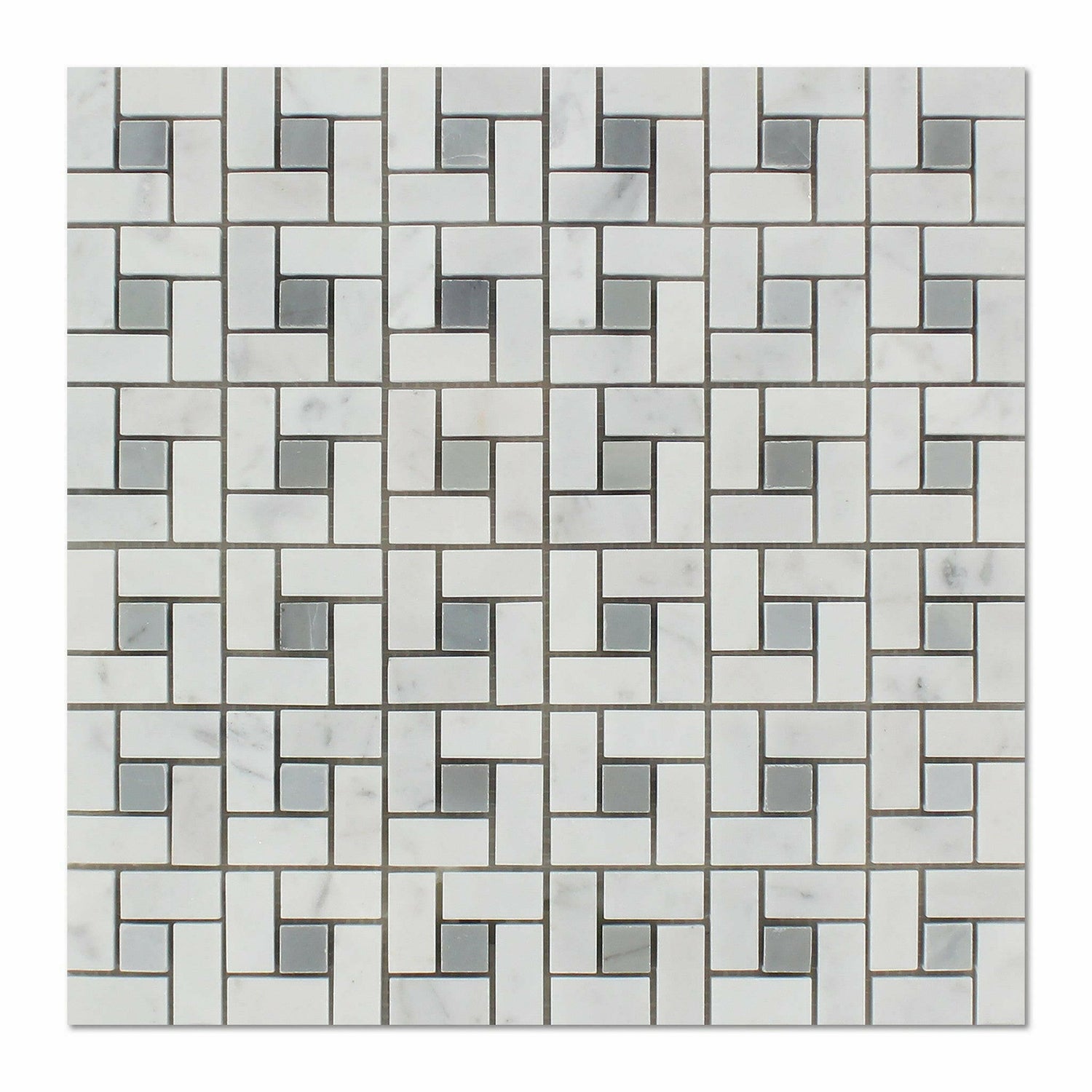 Carrara White Marble Polished Pinwheel Mosaic Tile w/ Blue-Gray Dots-American Tile Depot