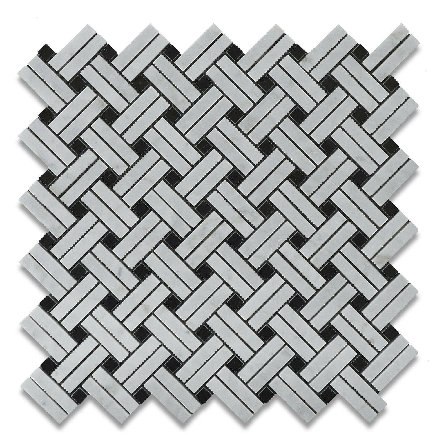 Carrara White Marble Polished Stanza Basketweave Mosaic Tile w/ Black Dots-American Tile Depot