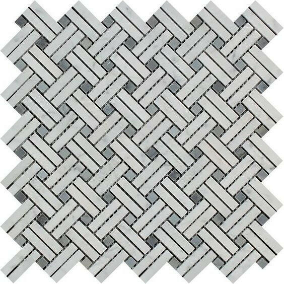 Carrara White Marble Polished Stanza Basketweave Mosaic Tile w/ Blue Gray Dots-American Tile Depot