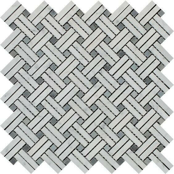 Carrara White Marble Polished Stanza Basketweave Mosaic Tile w/ Blue Gray Dots-American Tile Depot