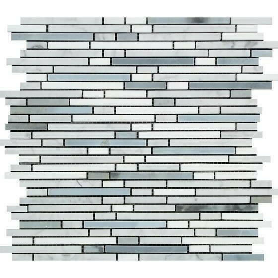 Carrara White Marble Polished Tricolor Bamboo Sticks Mosaic (Carrara + Thassos + Blue-Gray)-American Tile Depot
