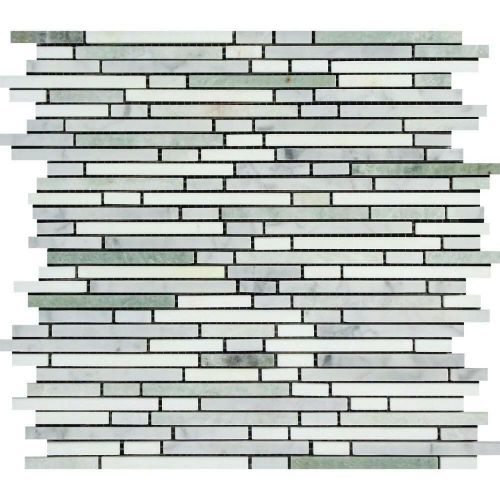 Carrara White Marble Polished Tricolor (Carrara+Thassos +Ming-Green) Bamboo Sticks Mosaic-American Tile Depot