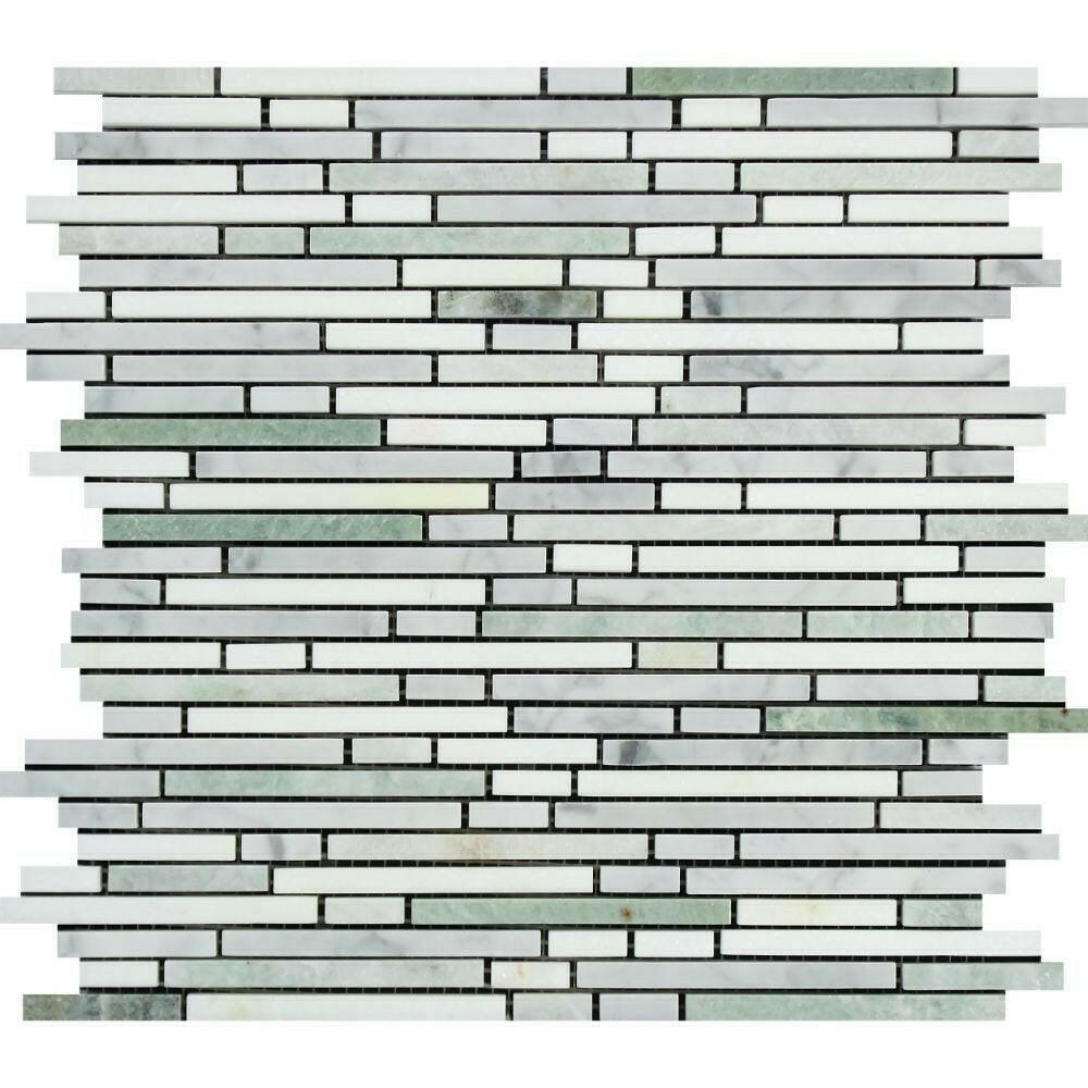Carrara White Marble Polished Tricolor (Carrara+Thassos +Ming-Green) Bamboo Sticks Mosaic-American Tile Depot