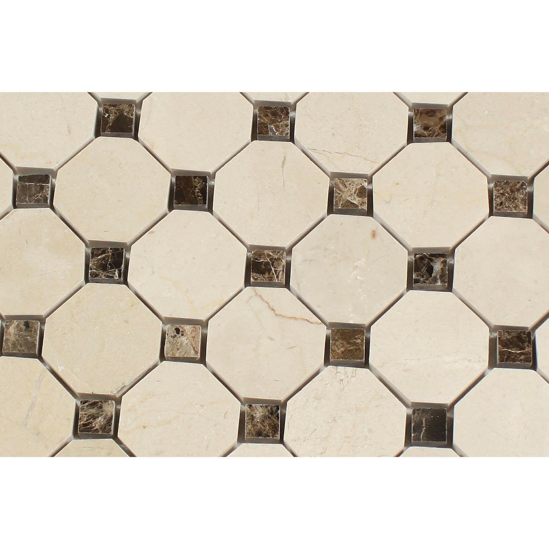 Crema Marfil Marble Honed Octagon Mosaic Tile w/ Emperador Dark Dots-American Tile Depot